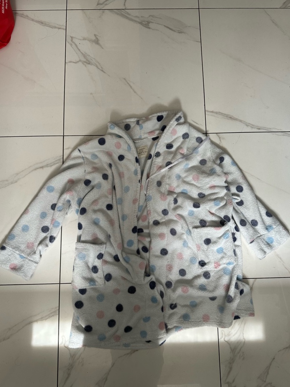 Primark White Plush Robe with Pink, Blue & Navy Polka Dots